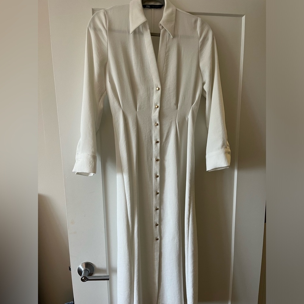 Zara White Long Button-Front Maxi Dress